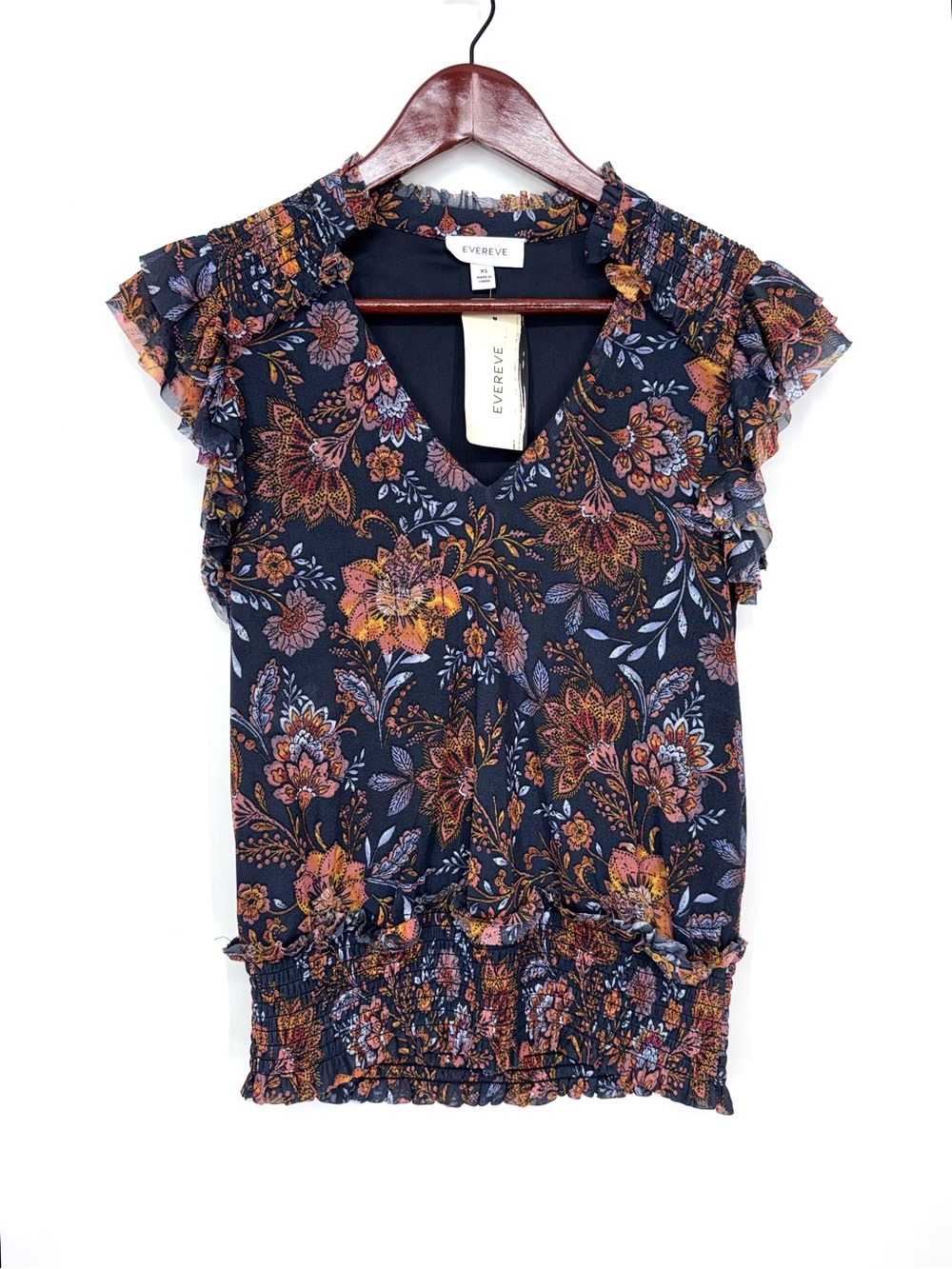 Evereve Tinslee Navy Blue & Orange Floral Smocked Mesh Sleeveless Ruffle Blouse
